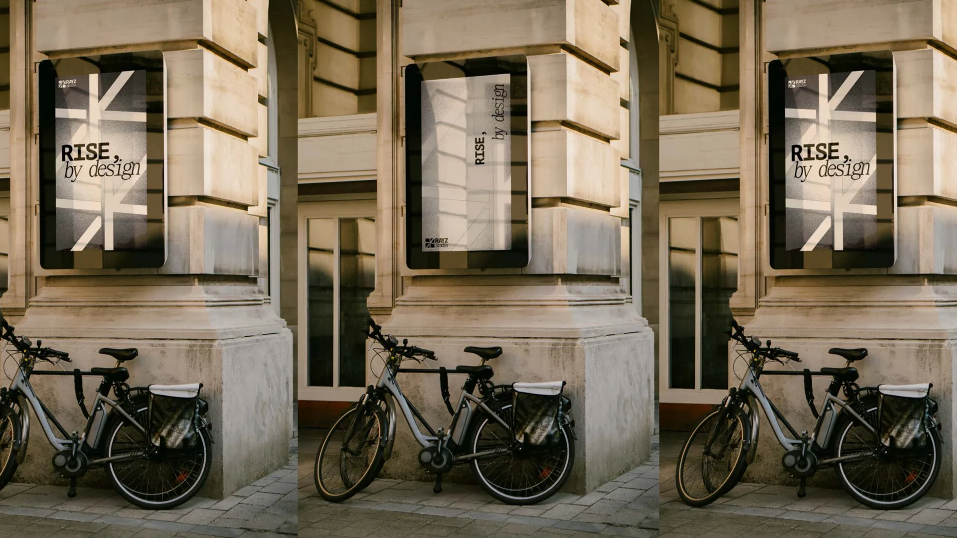 RAYZ identity on architectural street posters