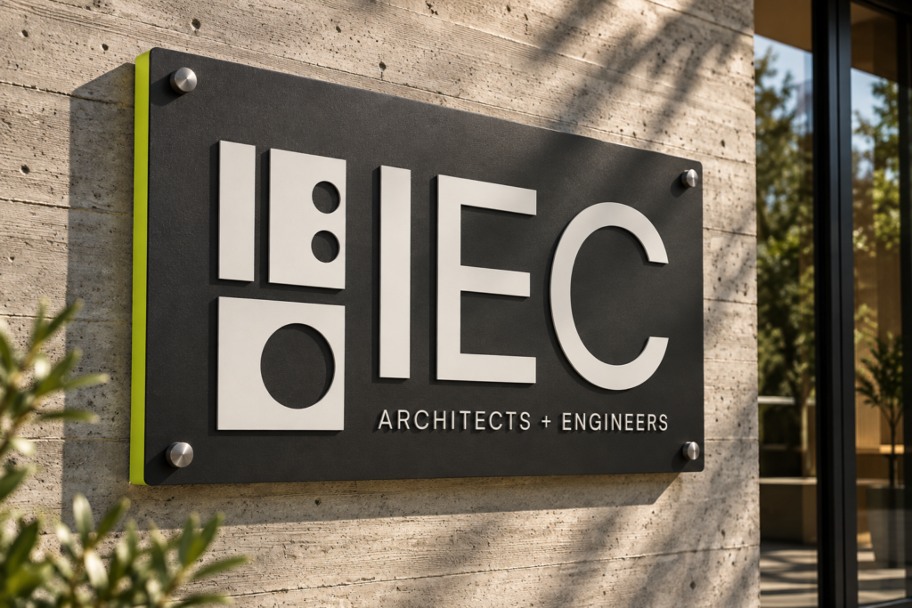 IEC Architects + Engineers sign on textured concrete — AI-generated concept mockup